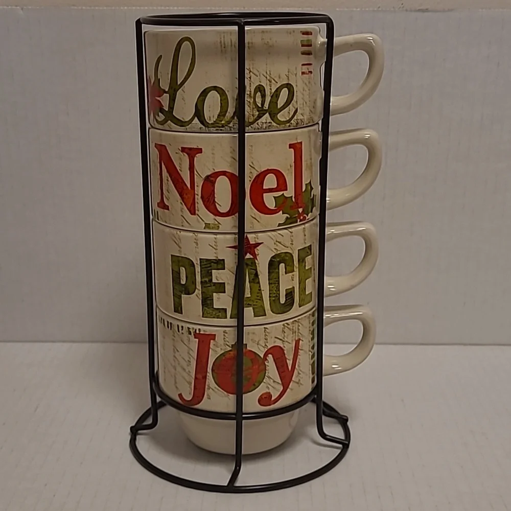 Pier 1 4 Stackable Stoneware Coffee Christmas Mugs w/Rack Love Joy Peace Noel